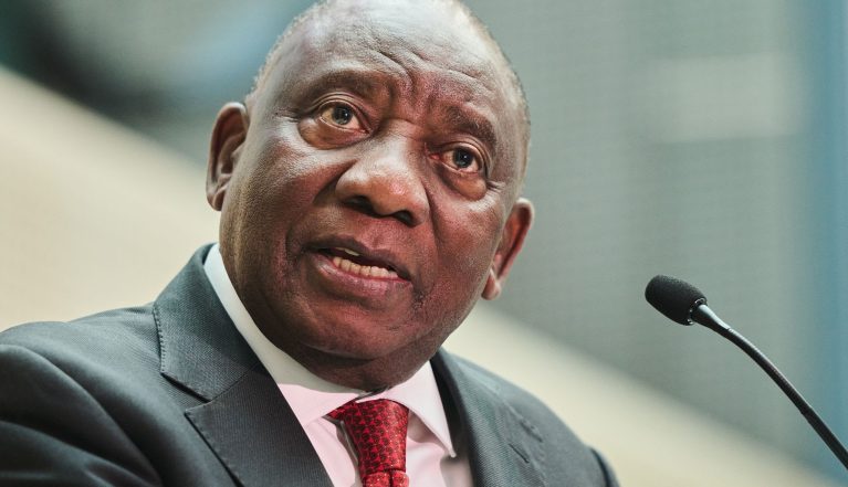 Cyril Ramaphosa, South Africa's president, at the opening of the South African Reserve Bank head office, after renovations, and museum in Pretoria, South Africa, on Friday, June 19, 2026. Traders scaled back bets for a South African rate hike next month. Photographer: Waldo Swiegers/Bloomberg via Getty Images