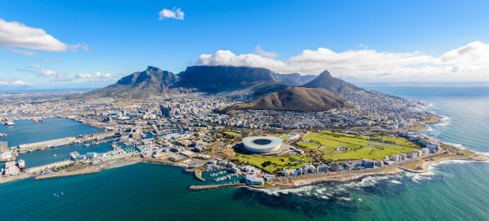 Aerial view of Cape Town, South Africa on a sunny afternoon. Photo taken from a helicopter during air tour of Cape Town