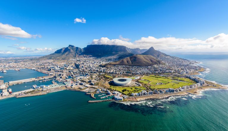 Aerial view of Cape Town, South Africa on a sunny afternoon. Photo taken from a helicopter during air tour of Cape Town
