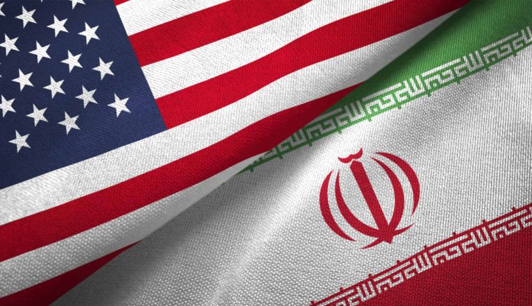 Iran and United States flags together realtions textile cloth fabric texture